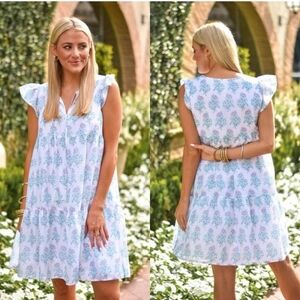 J. Marie NWT Cecilia Ruffle Flutter Sleeve Blockprint Floral Tiered Dress Sz M